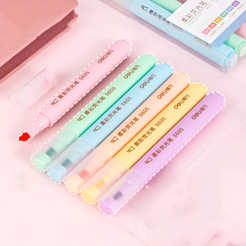 Deli S605 highlighter pens in macaron colours with oblique heads and sharp tips for marking and drawing