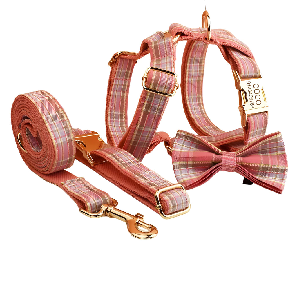 Plaid pattern dog collar and leash set with bow accessories in cloth material