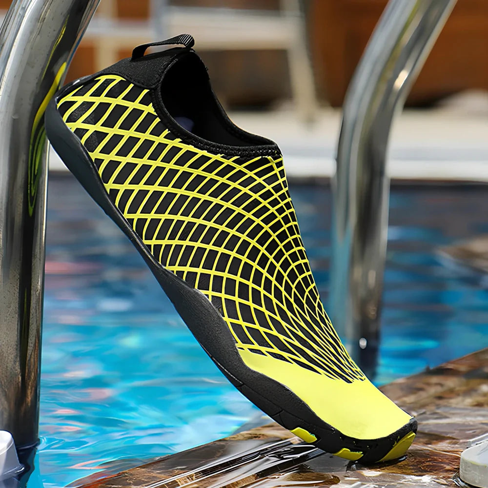 Children's black and yellow snorkeling socks with rubber soles and mesh uppers for river and water protection, UK sizes 5-12