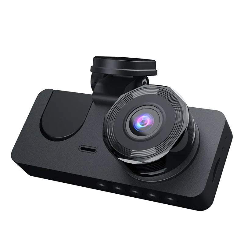 Black HD 1080P car dashcam with touch screen and wide-angle lens for vehicle recording