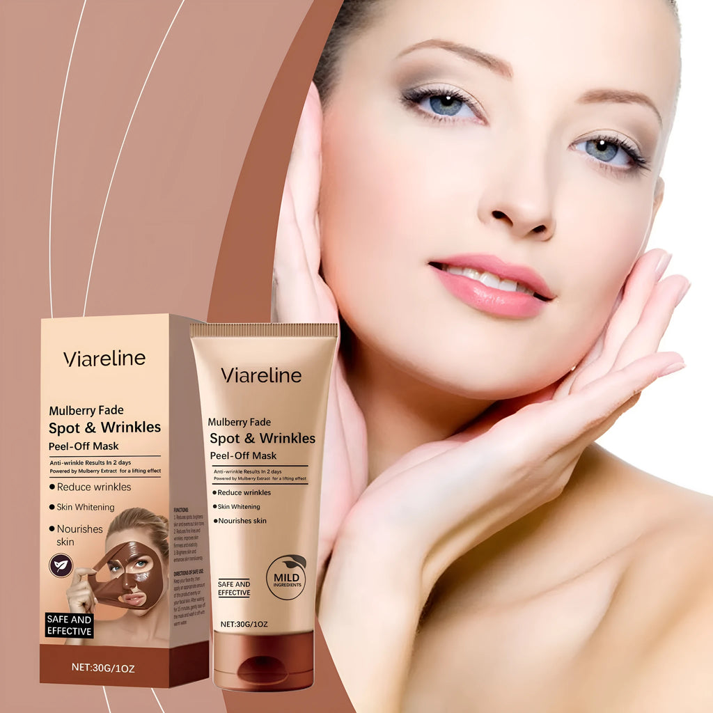 Single sheet facial mask in open packaging for anti-wrinkle and brightening care on delicate skin.