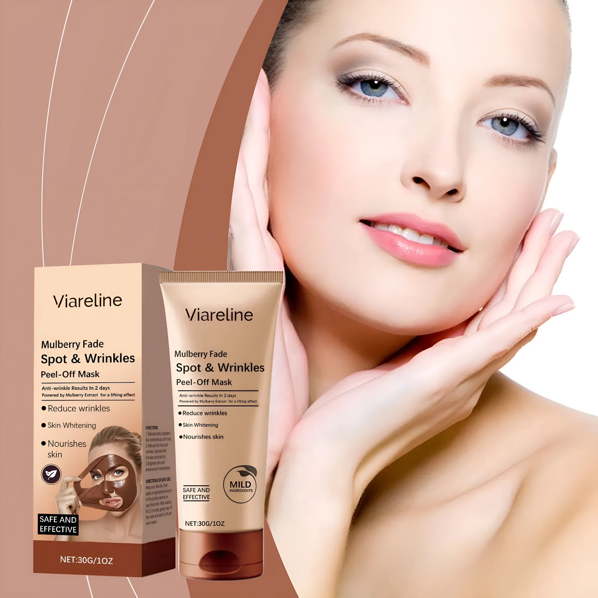 Single sheet facial mask in open packaging for anti-wrinkle and brightening care on delicate skin.