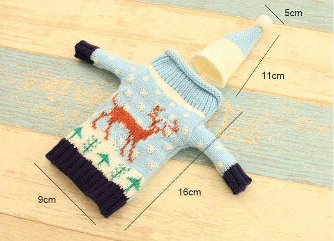 Knitted Christmas Bottle Set with festive designs including Joy, Christmas tree, elk, and snowman