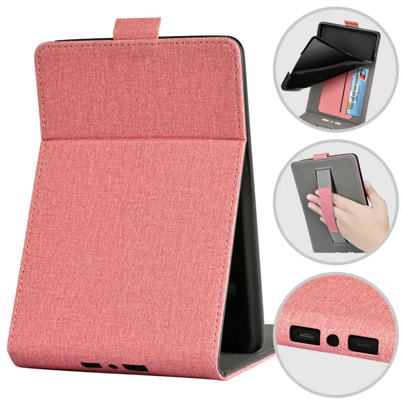 Handheld protective case for 6-inch Kindle with folding brackets shown in a solid colour option.