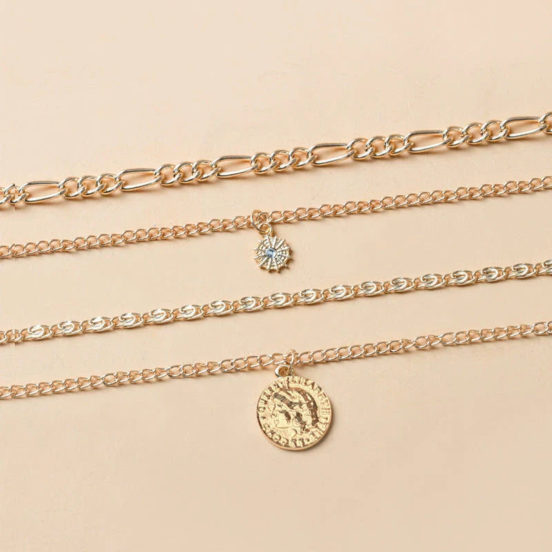 Glamorous layered gold coin necklace for women, featuring a delicate chain and shimmering gold coin charms