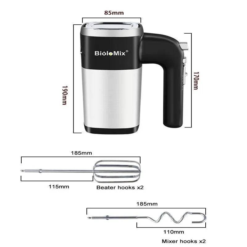 White 500W electric hand mixer with two metal beaters and turbo button