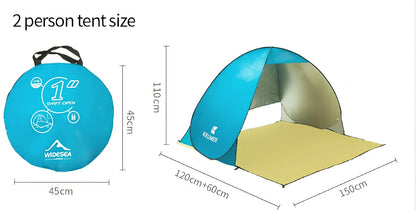 Blue automatic pop-up beach tent with silver-coated UV fabric and stakes for two-person shade