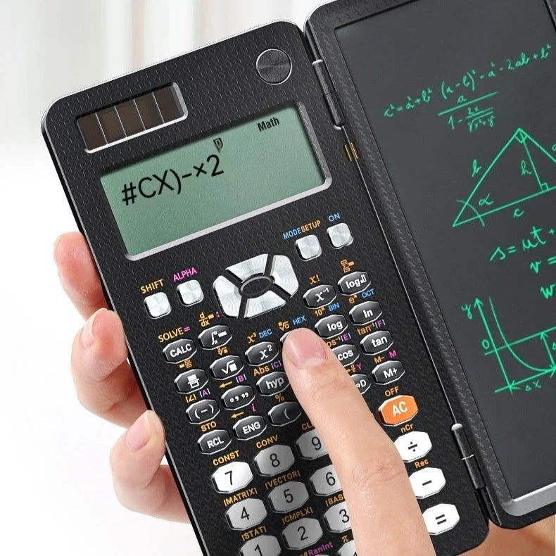 Foldable scientific calculator with integrated digital notepad for versatile productivity