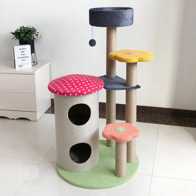 28 inch cat tower with sisal rope winding, wood frame, and lambswool perches in backrest design