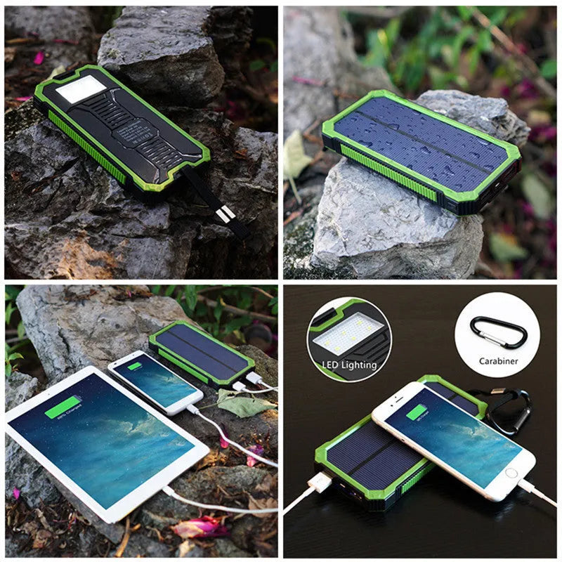 Solar power bank in black, green, orange or yellow with polymer lithium-ion battery