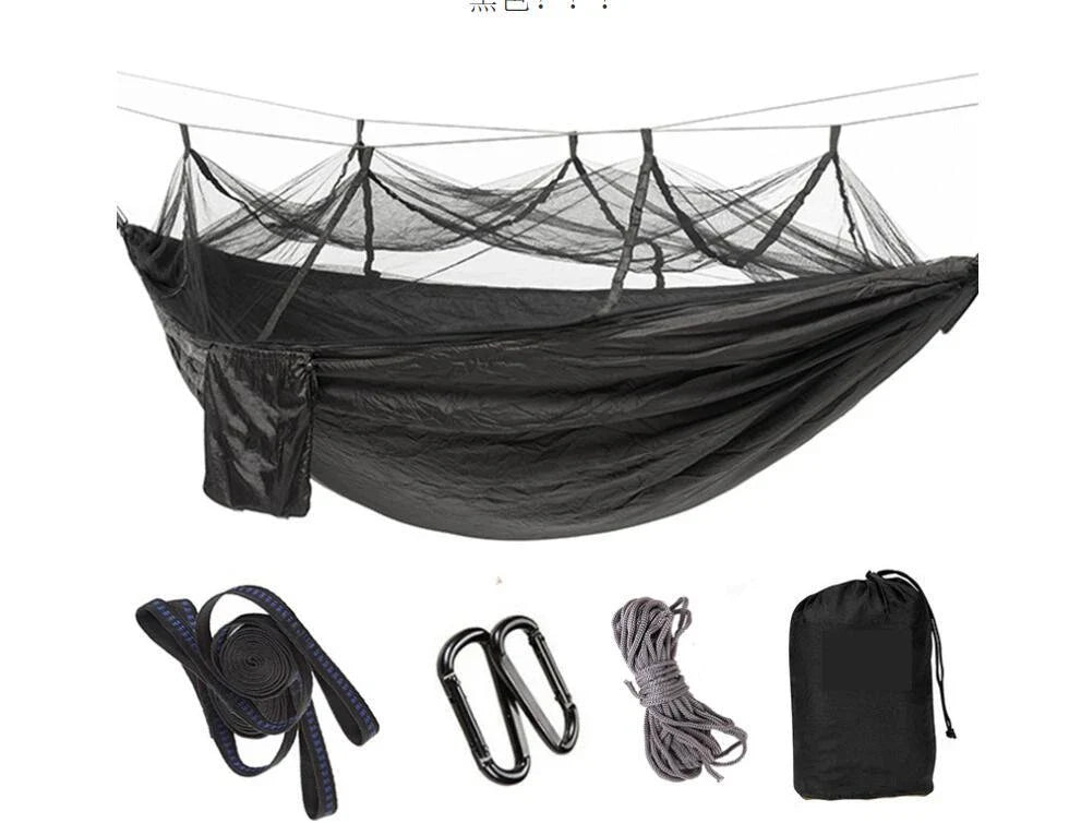 Parachute hammock with mosquito net in various colors and sizes, ideal for outdoor adventures and relaxation