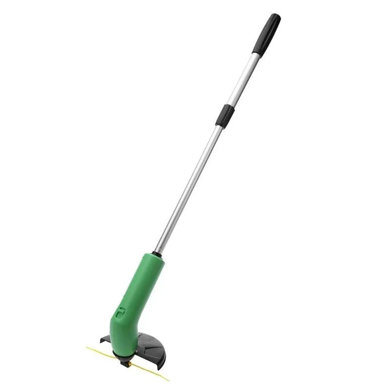 Cordless lawn trimmer with extension pole and protective debris shield for easy garden maintenance
