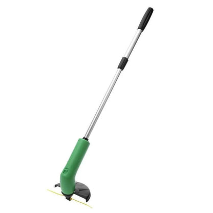 Cordless lawn trimmer with extension pole and protective debris shield for easy garden maintenance