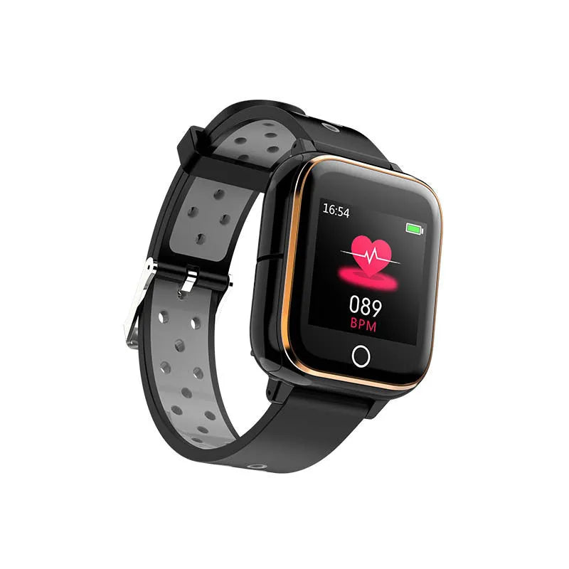 Black smartwatch with integrated Bluetooth earbuds showing heart rate monitoring on 1.4-inch display