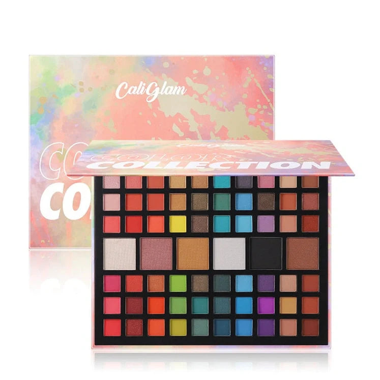 66-colour waterproof eyeshadow palette with matte and shimmer shades in pink packaging measuring 25.8cm by 20.5cm