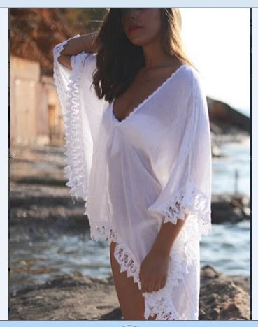 Women's white cotton beach bikini lace blouse with solid colour pattern