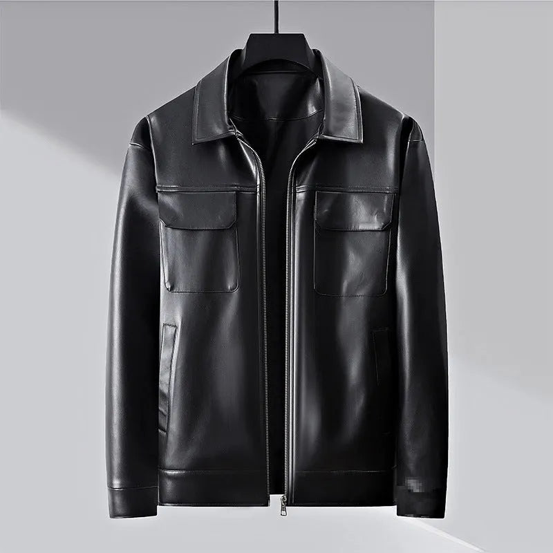 Men's lapel business casual jacket in black artificial leather, loose fit, 50cm length