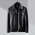 Men's lapel business casual jacket in black artificial leather, loose fit, 50cm length