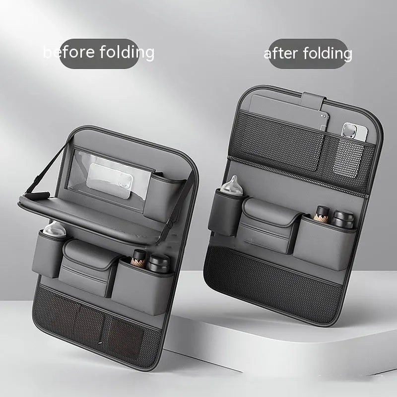 Waterproof leather car seat lazyback storage bag with foldable dining table, shown in black.