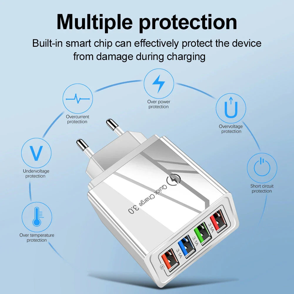 Powerful USB wall charger with Quick Charge 3.0 and 4 charging ports for fast, convenient device charging