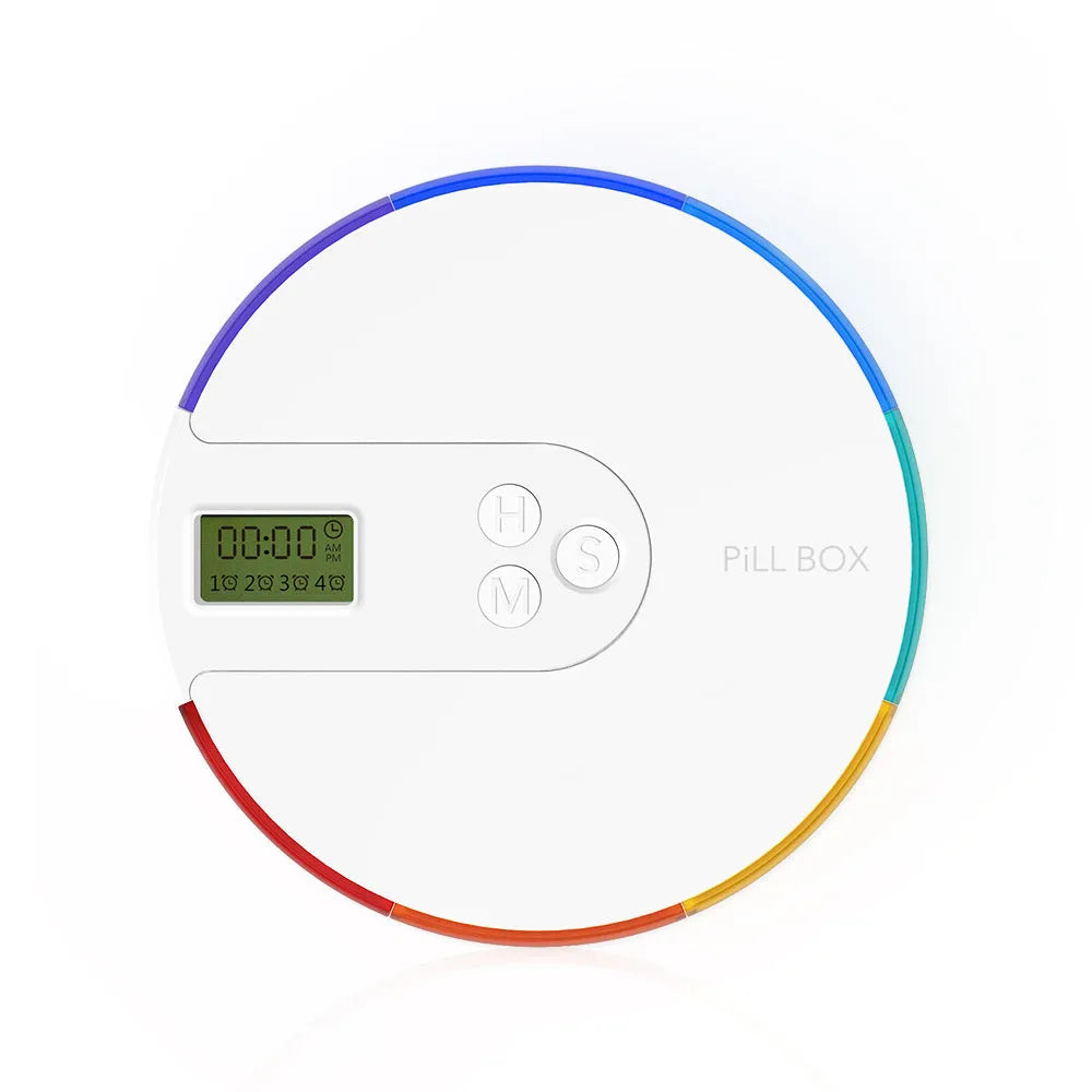 A compact blue alarm clock pill dispenser with seven compartments and an LED time display.