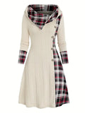 Women's hooded sunken stripe sweater long sleeve pullover dress in solid colour A-line midi street fashion style