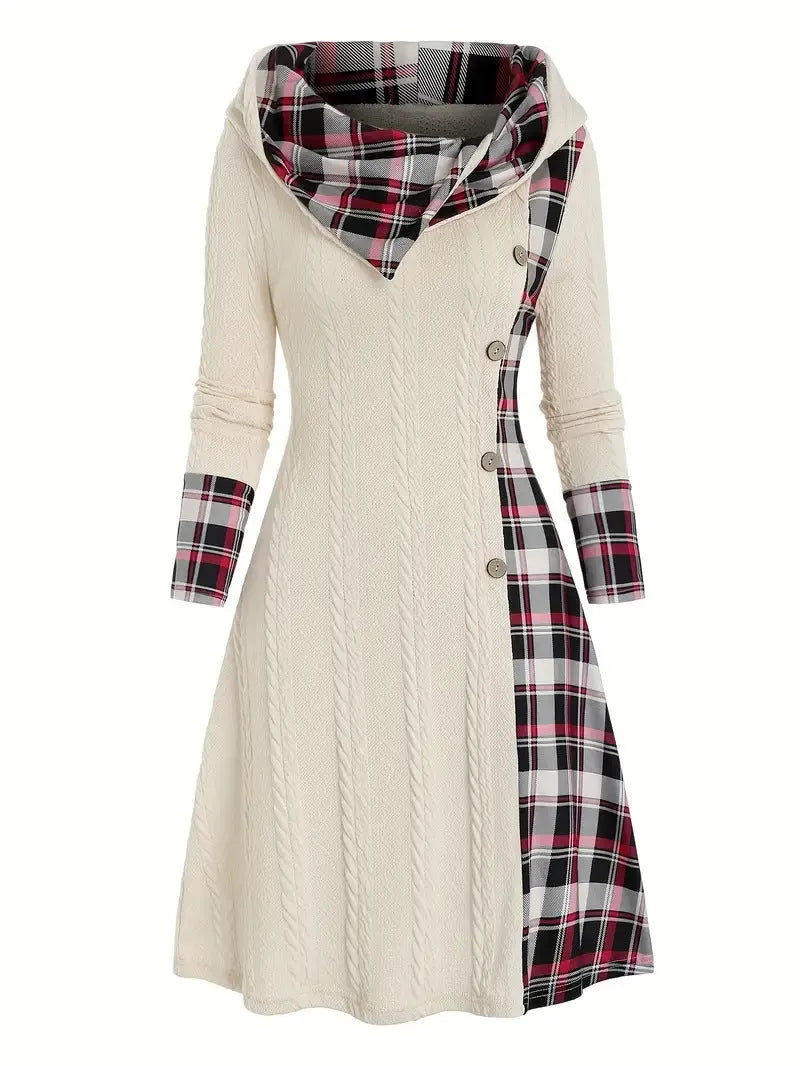 Women's hooded sunken stripe sweater long sleeve pullover dress in solid colour A-line midi street fashion style