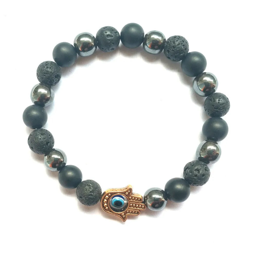 Handmade beaded bracelet with 8mm stone beads in silver blue white black, alloy electroplating finish