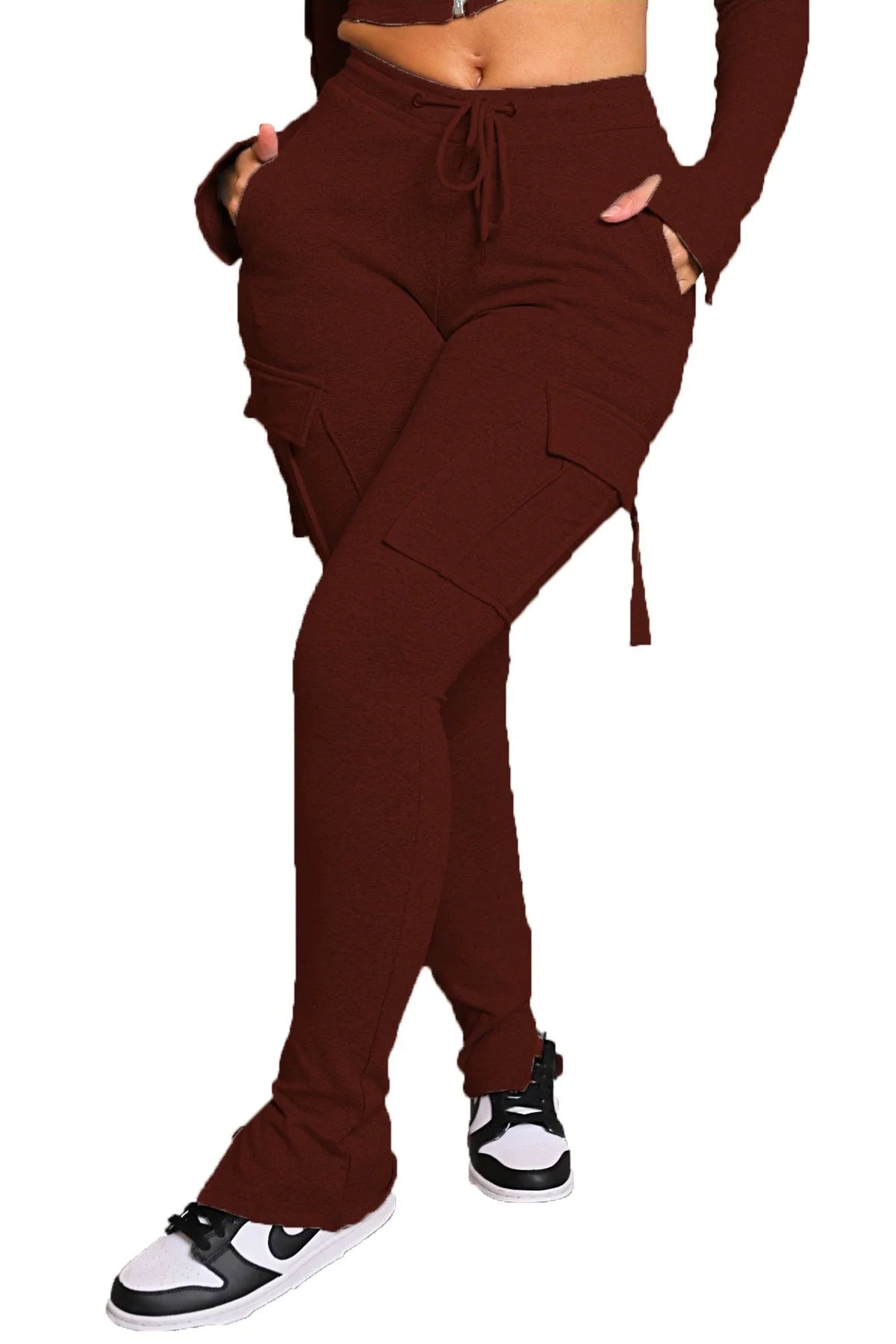 Comfortable cargo pants with pockets, high-waisted design, and drawstring waist for women