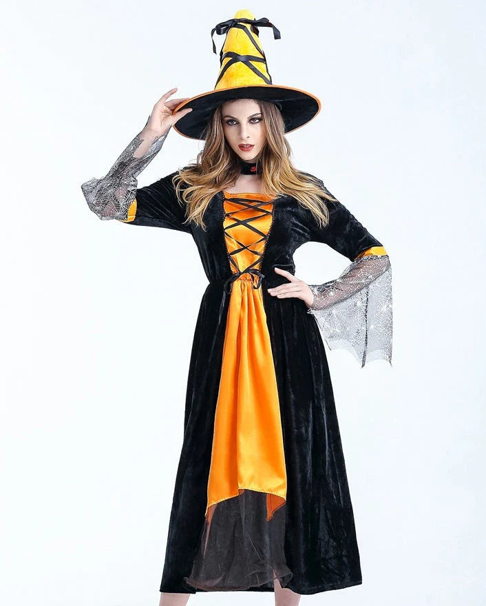 Adult women's sorceress witch costume for Halloween and carnival, available in grey and orange.
