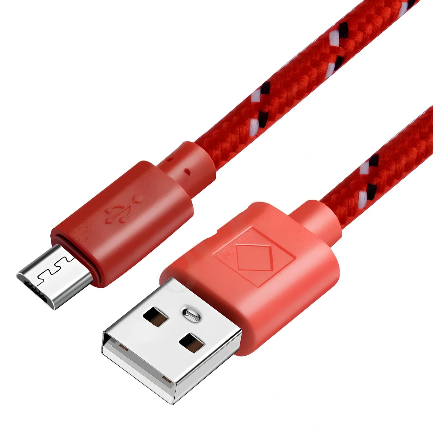 Woven nylon cloth data cable in multiple colours showing Android micro and USB-C connector options