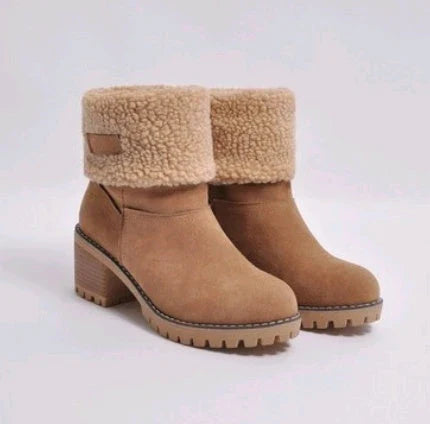 Stylish mid-calf suede snow boots with thick heel in various colors and sizes