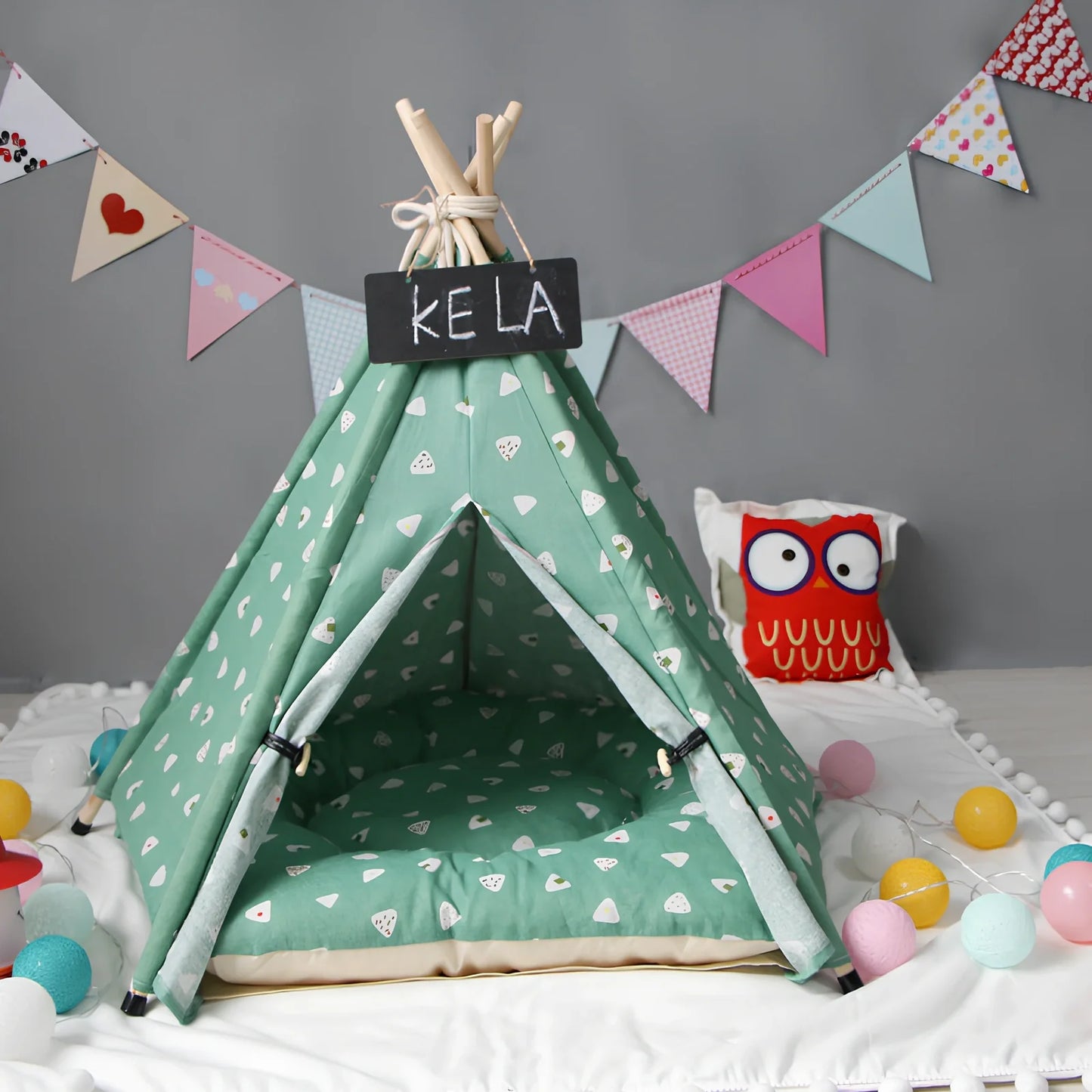 Green triangle cotton pet tent kennel assembled with wood sticks, L size 60x60x70cm, optional cushion for dog cat warmth