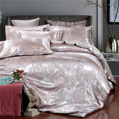 Four-piece jacquard bedding set in vibrant colours, made from durable polyester fibre