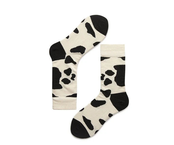 Leopard Dalmatian Black White Cotton Crew Socks with unique print for EU sizes 35-42