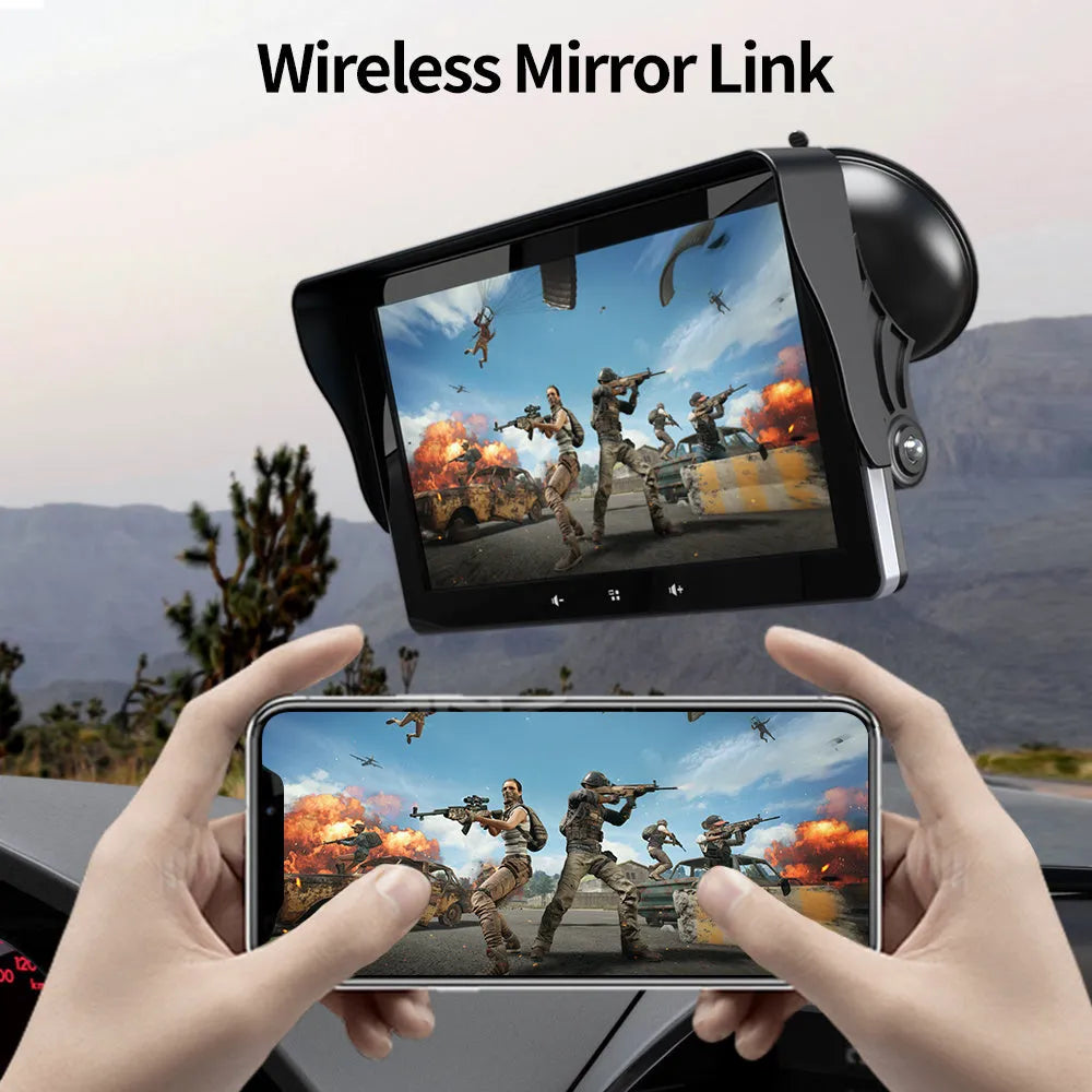7 inch wireless CarPlay display for car dashboard with suction cup mount and cigarette lighter power cable