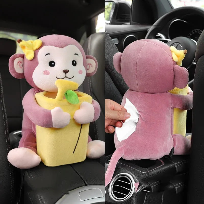 Pink plush car tissue box trash can with pump dispenser on centre console armrest