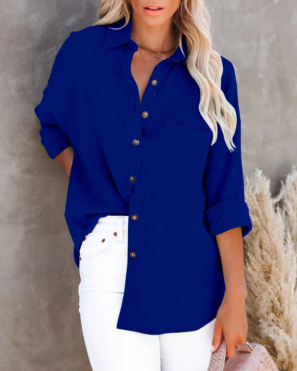 Ladies cotton linen shirt with V-neck and long sleeves in various colors
