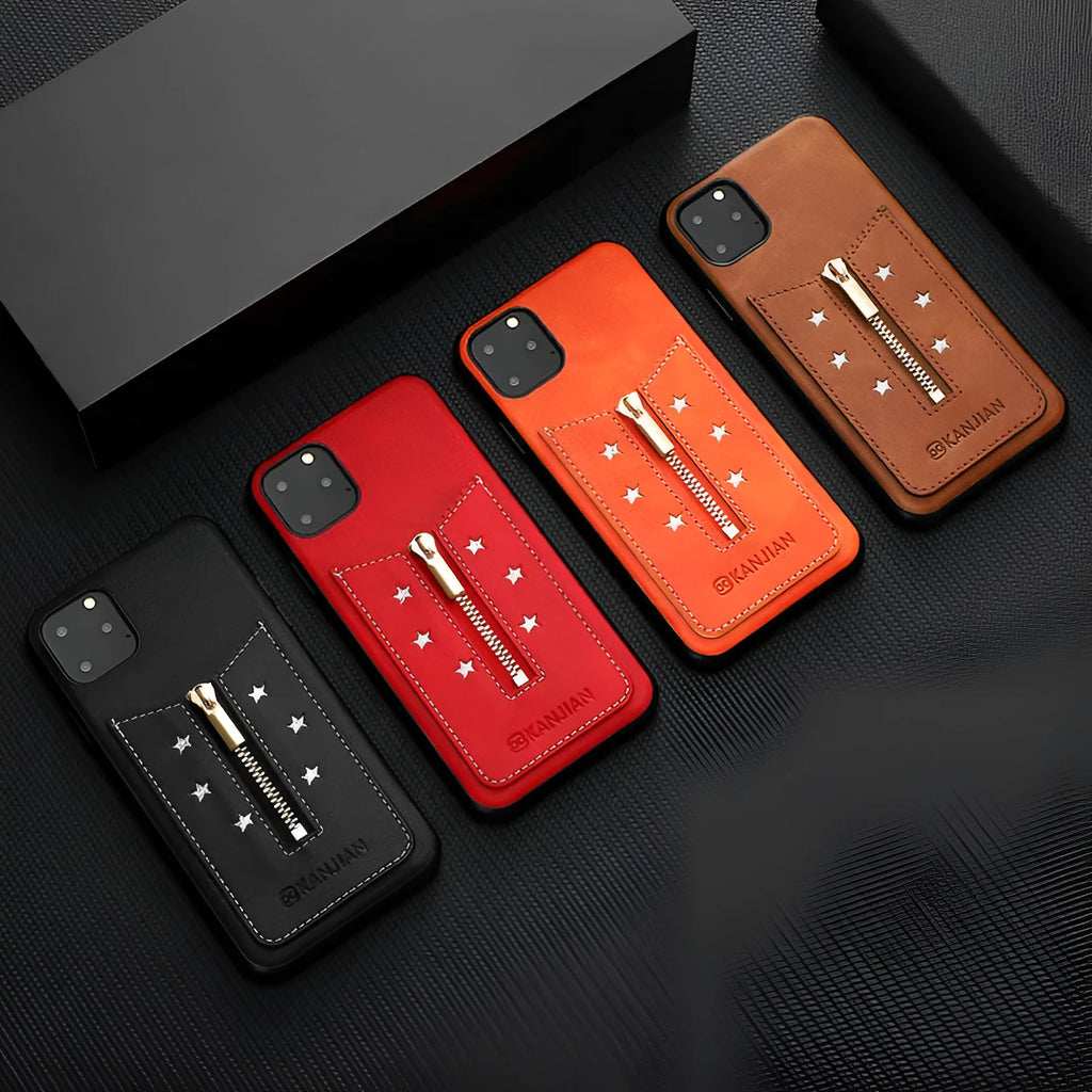 PU leather zipper wallet phone case in black, brown, orange, or red for iPhone and Samsung Galaxy Note models.