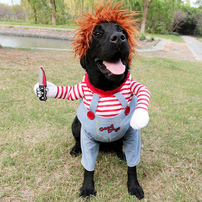 Adjustable polyester pet Halloween costume with wig and foam knife accessories for dogs