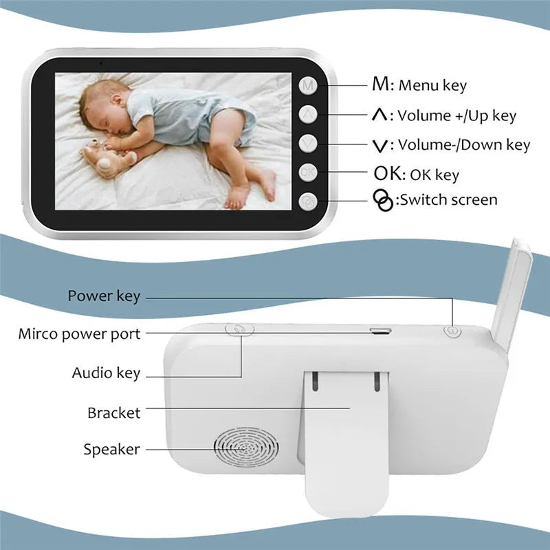 43 inch baby monitor with 4.3 inch LCD screen showing a baby in a cot
