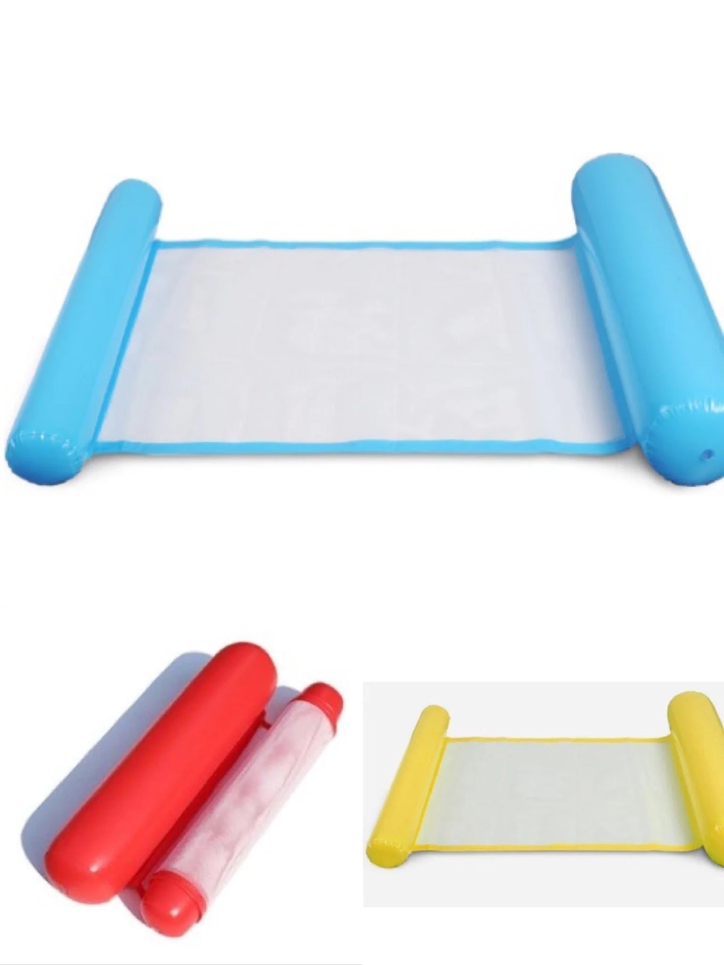 Inflatable water lounge chair in blue, floating in pool with hammock design visible