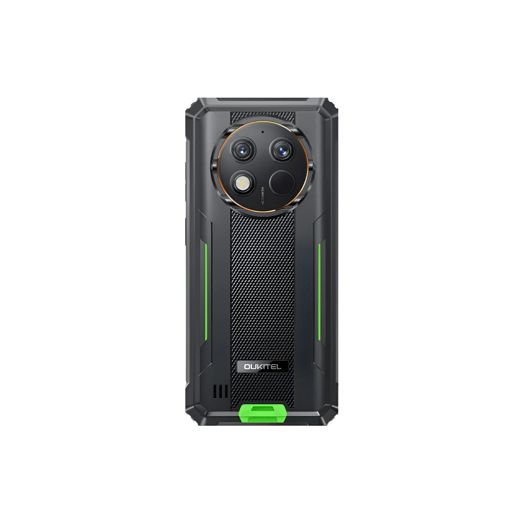 OUKITEL G1 mobile phone in grey, green and orange colours with charger and manual