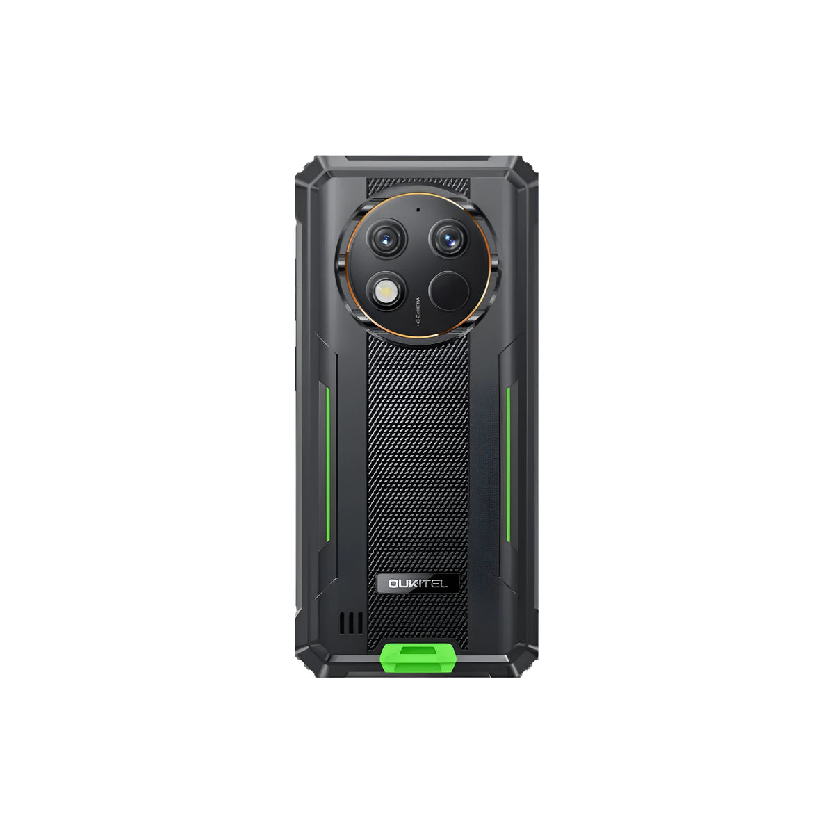 OUKITEL G1 mobile phone in grey, green and orange colours with charger and manual