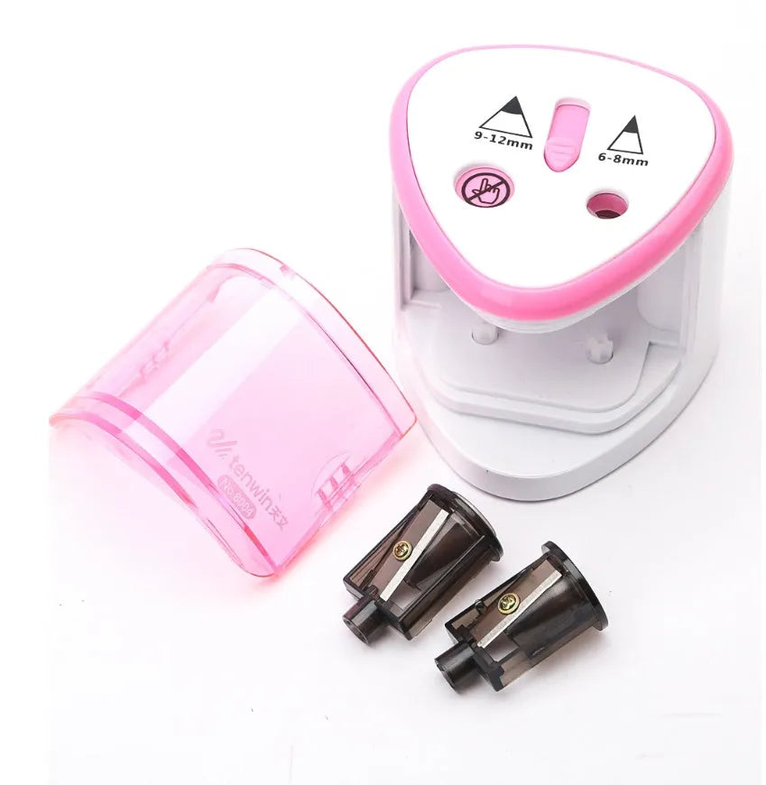 Automatic electric pencil sharpener in blue, compact 50mm cube with ABS and PC construction