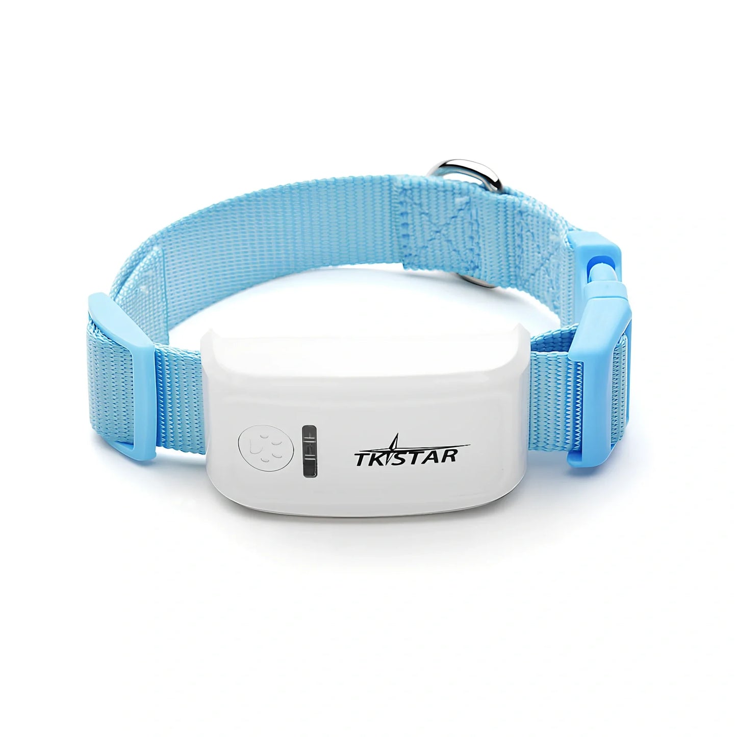 Black cat GPS tracker device with collar attachment showing 44g weight and waterproof design