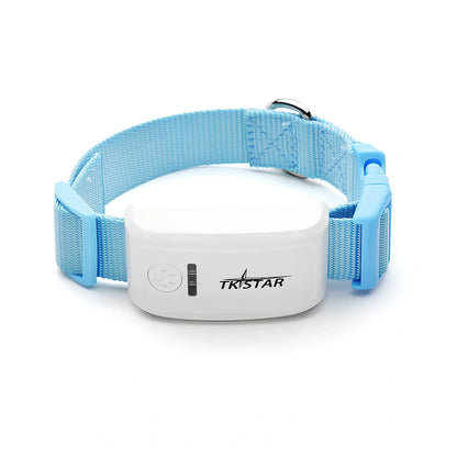 Black cat GPS tracker device with collar attachment showing 44g weight and waterproof design