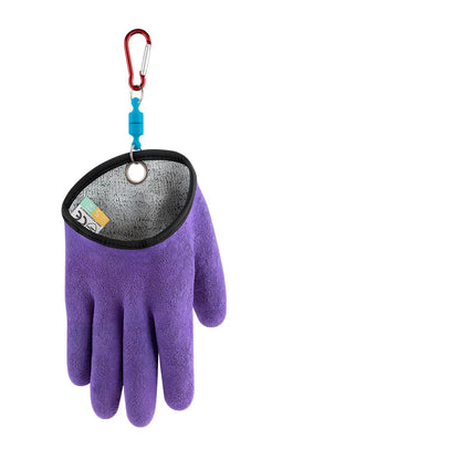 Purple anti-slip fishing gloves with latex coating and magnetic clip for puncture protection in left or right hand, 25cm length