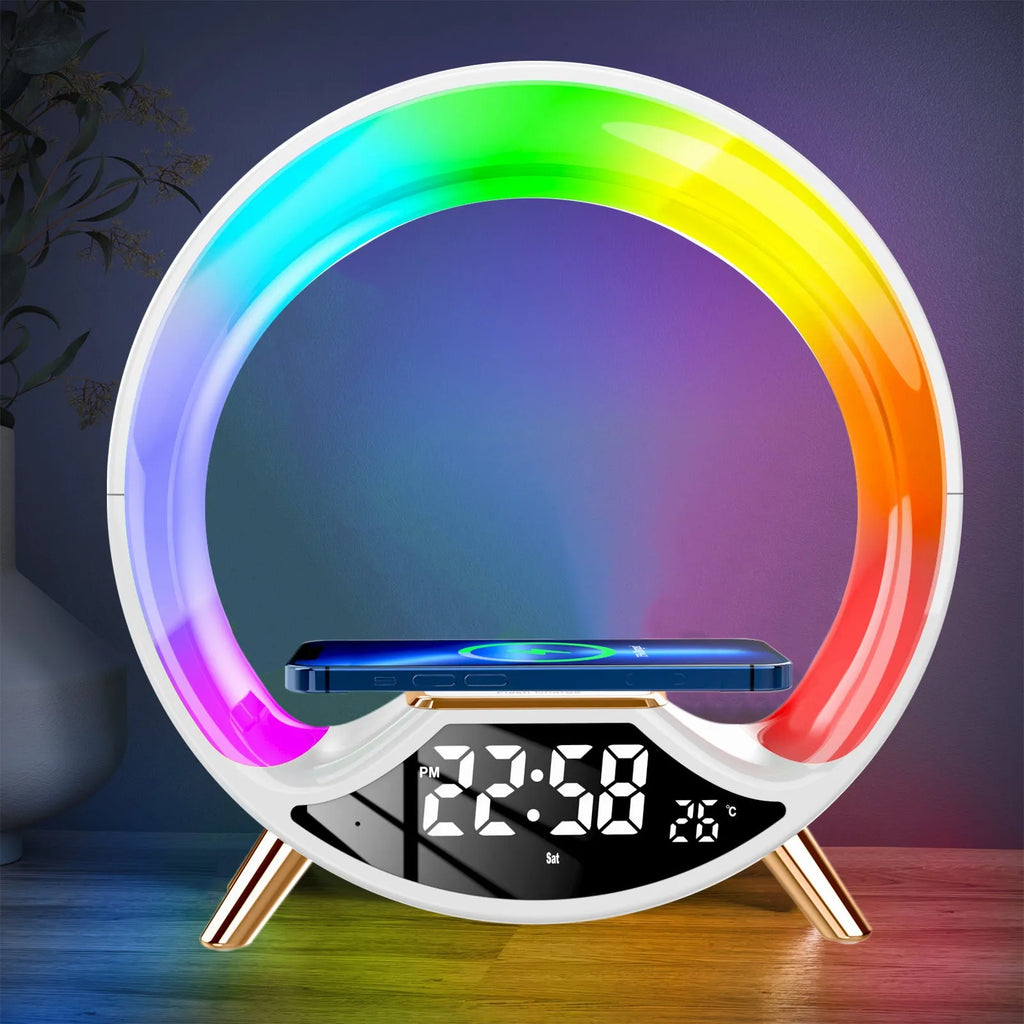 Black multifunctional table lamp with wireless charging pad, Bluetooth speaker, clock display, and adjustable LED night light.
