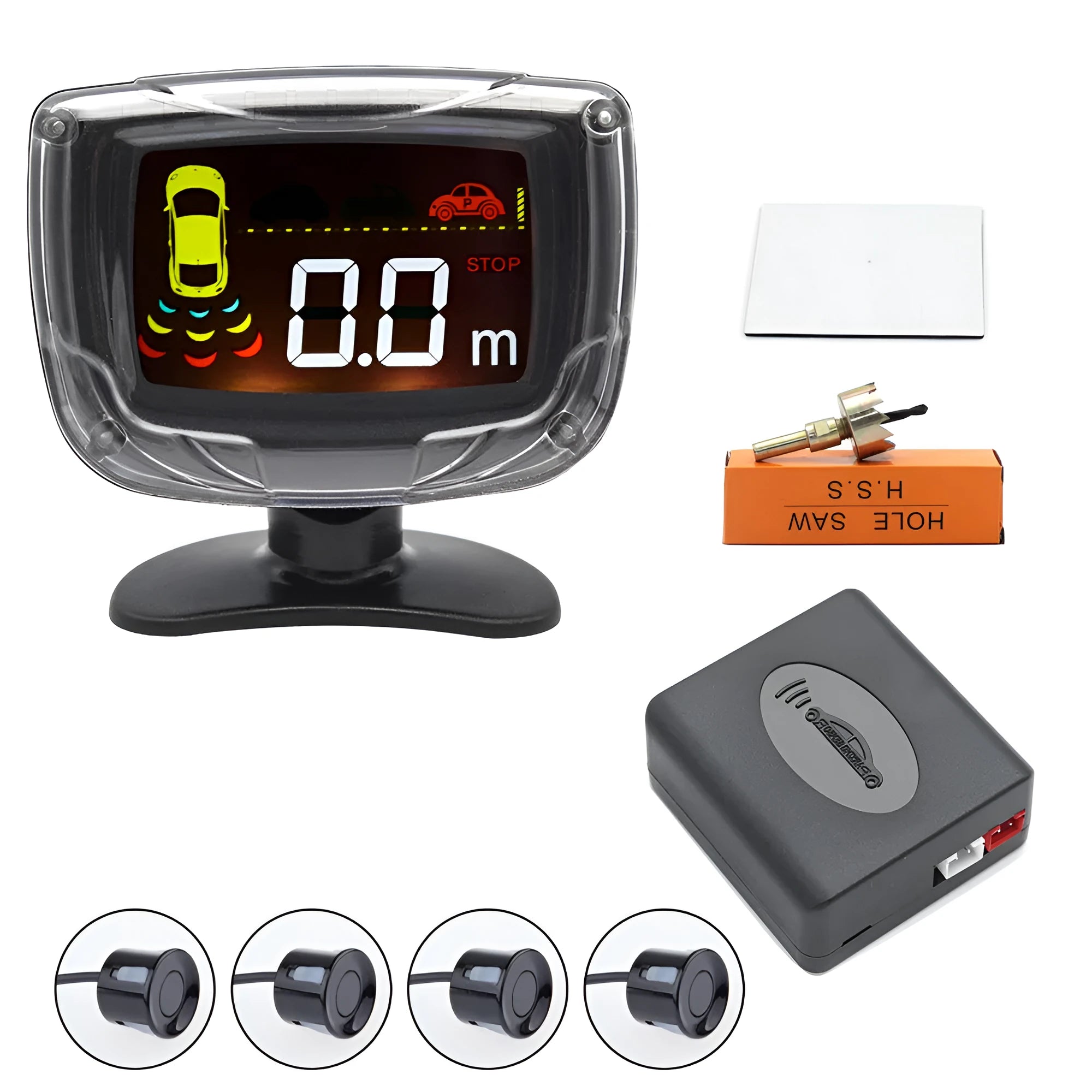 Wireless reversing sensor system with LED display unit, four probes, and installation accessories for vehicle obstacle detection